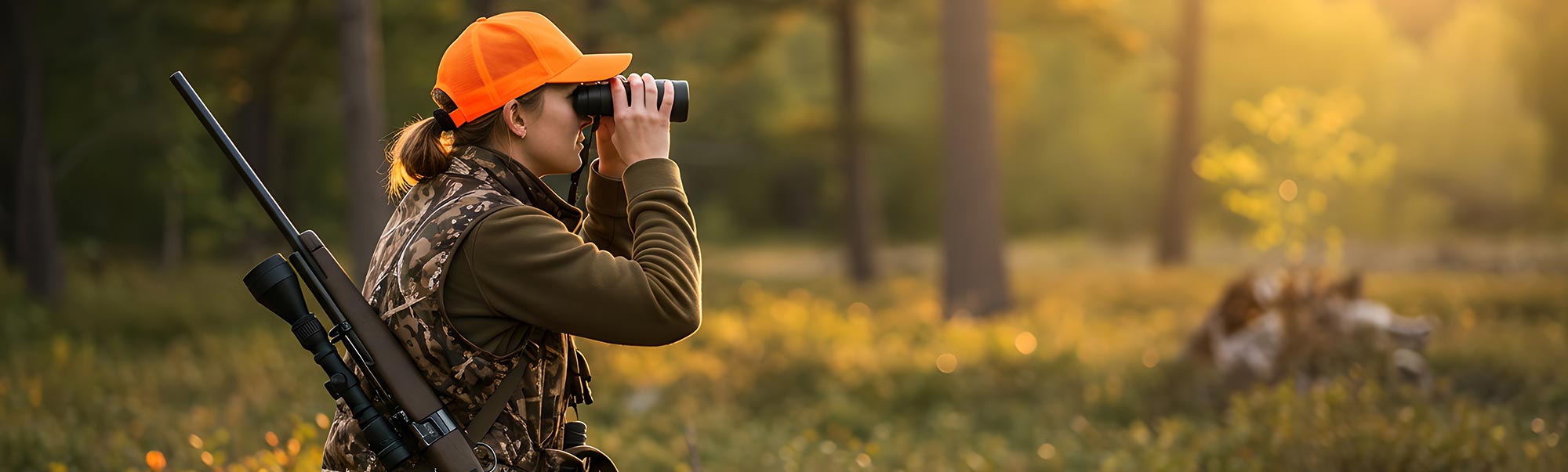 Chasseuse en train d'observer avec des jumelles